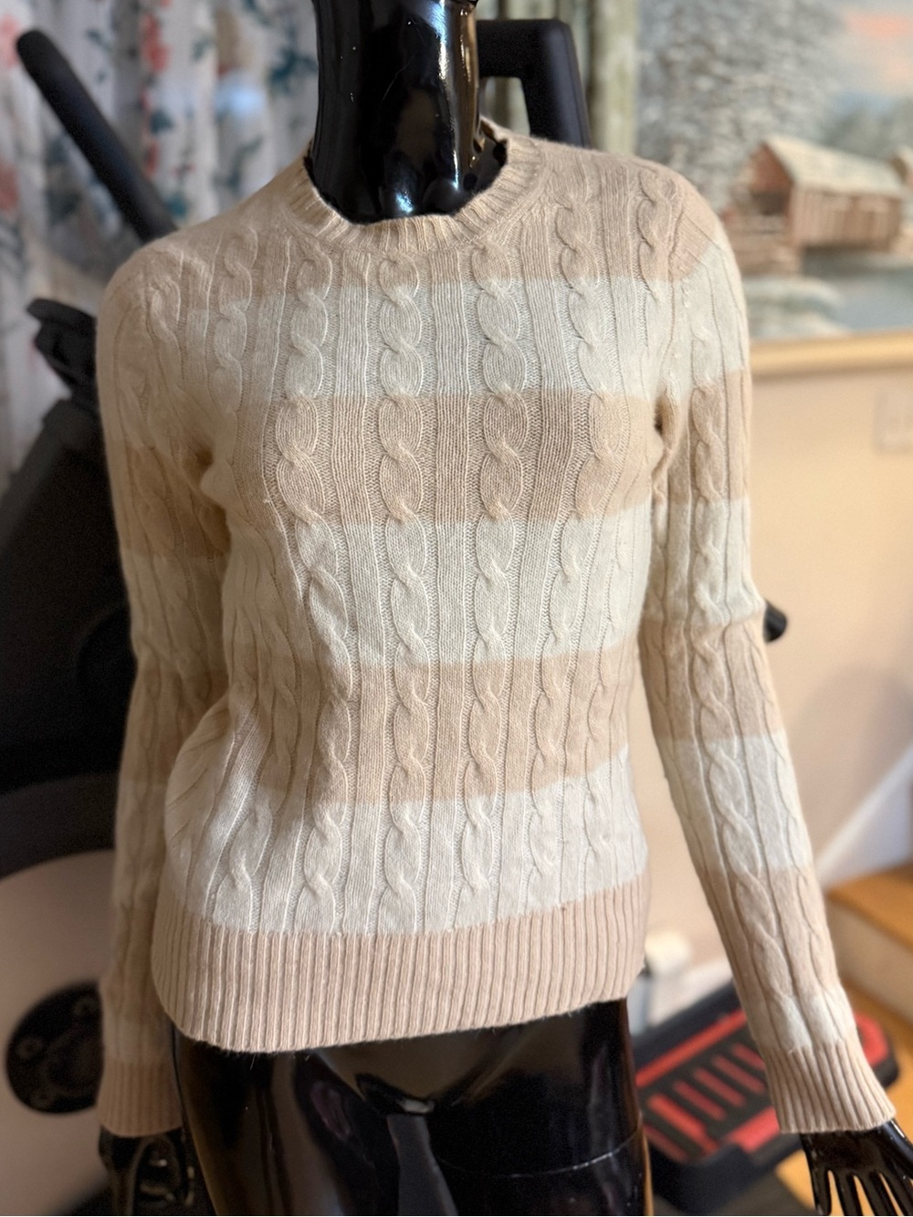 Women’s Cable-Knit Stripe Sweater - Beige & Cream